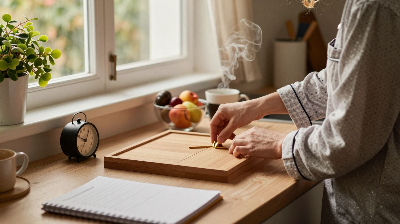 Pessoa acende incenso num ambiente calmo junto à janela com fruta e plantas na secretária de madeira.