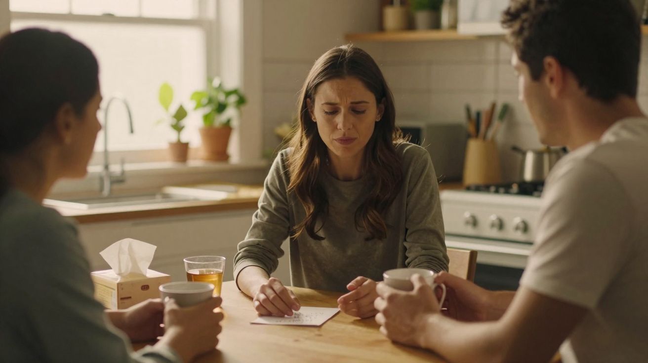 Mulher emocional sentada à mesa com uma carta, ao lado de duas pessoas oferecendo apoio numa cozinha.