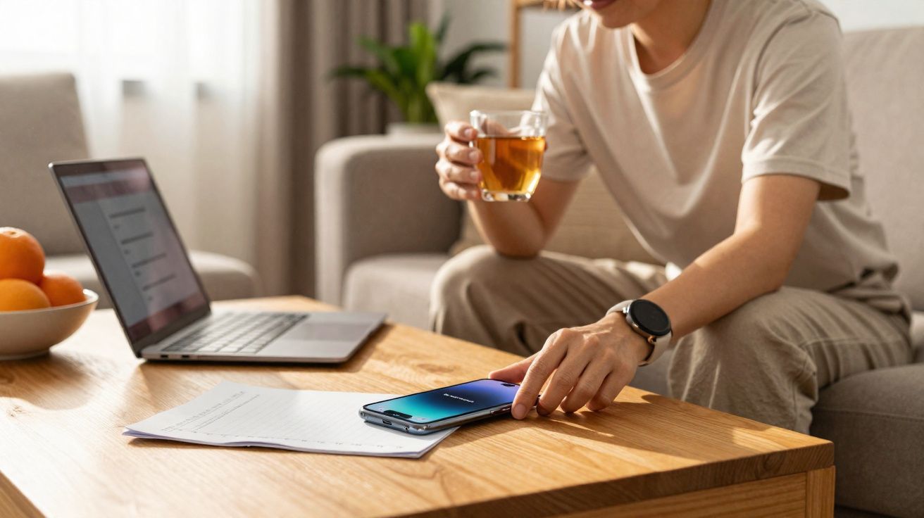 Pessoa a beber chá enquanto usa telemóvel sobre mesa com computador portátil e documentos numa sala.