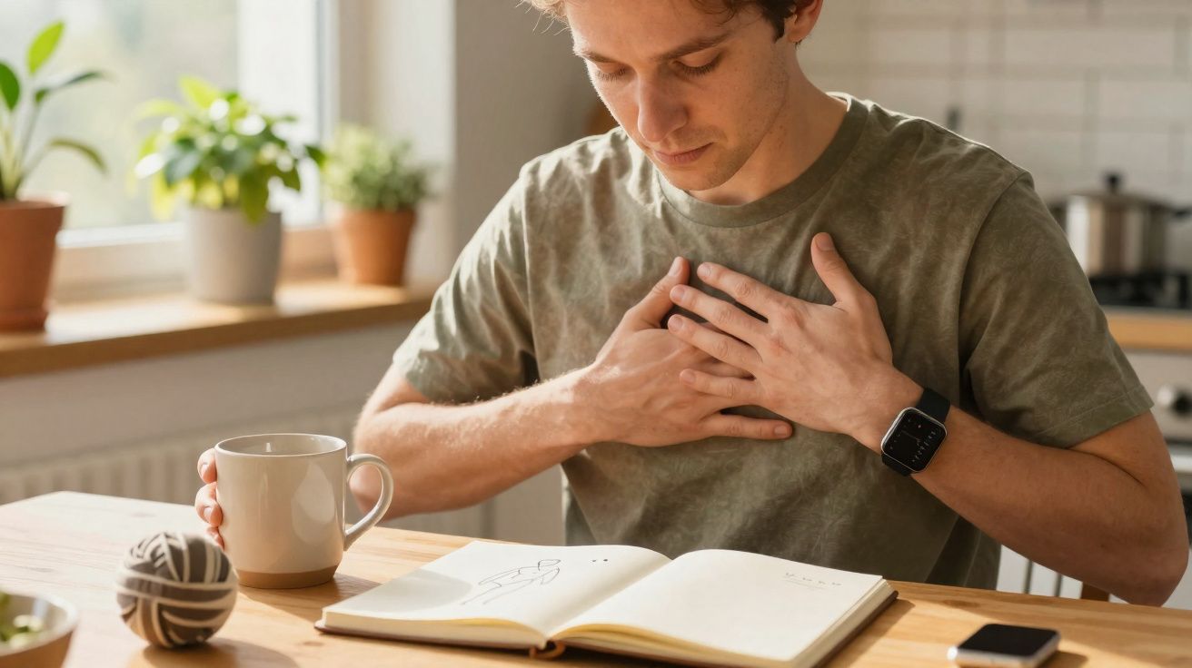 Homem sentado à mesa com mãos no peito, chávena na outra mão e livro aberto à sua frente.