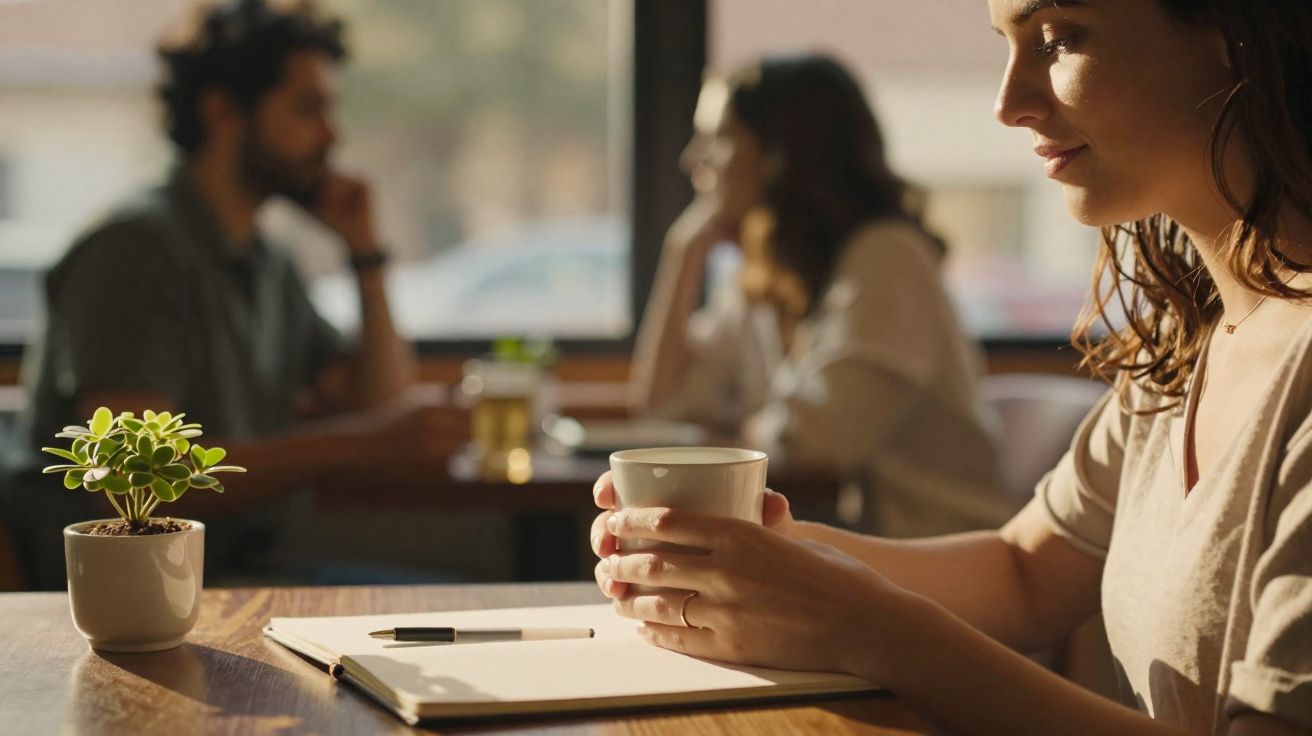 Mulher segurando chávena junto a caderno numa mesa, com casal ao fundo numa cafetaria iluminada natural.