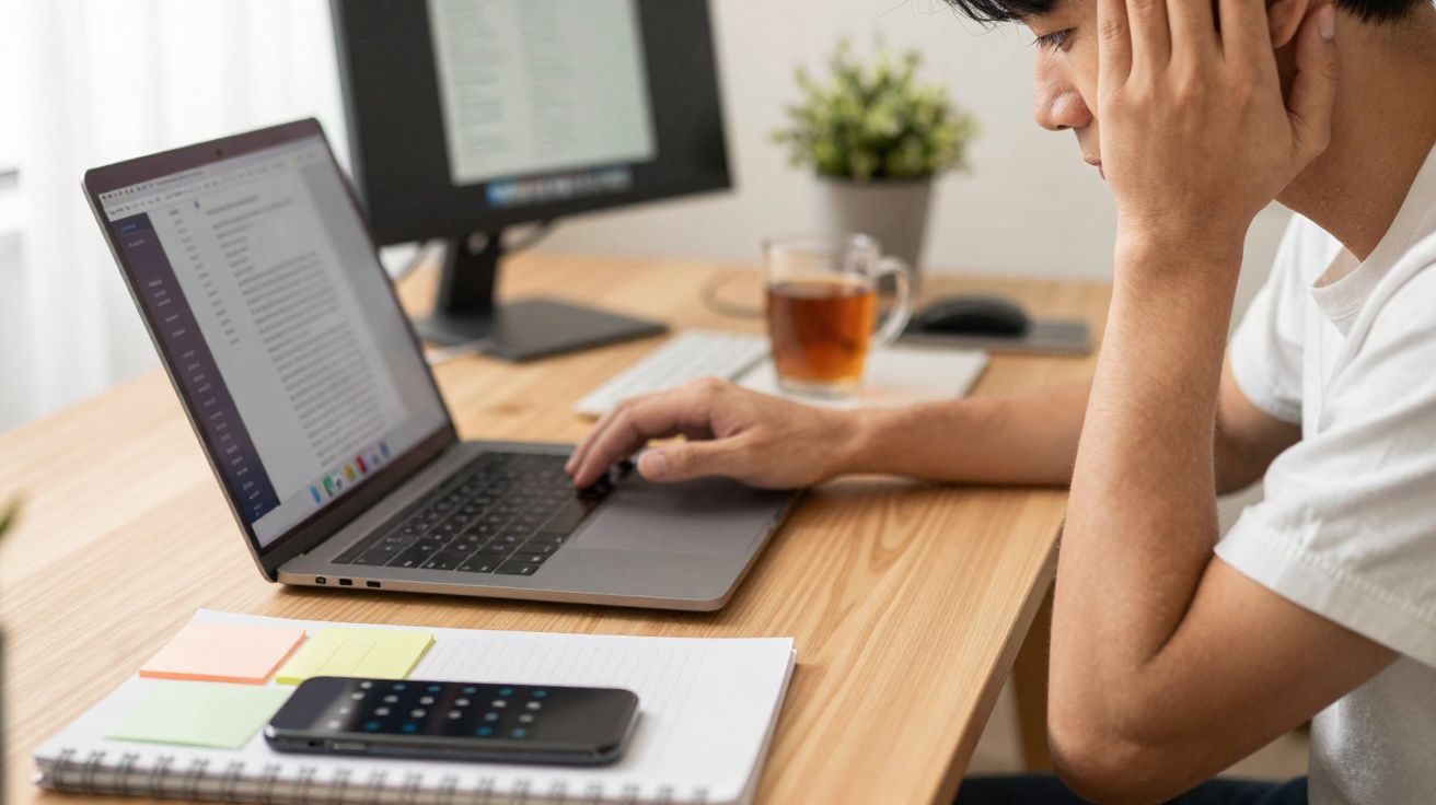 Pessoa a trabalhar num portátil num escritório com caderno, telemóvel e chá numa mesa de madeira.