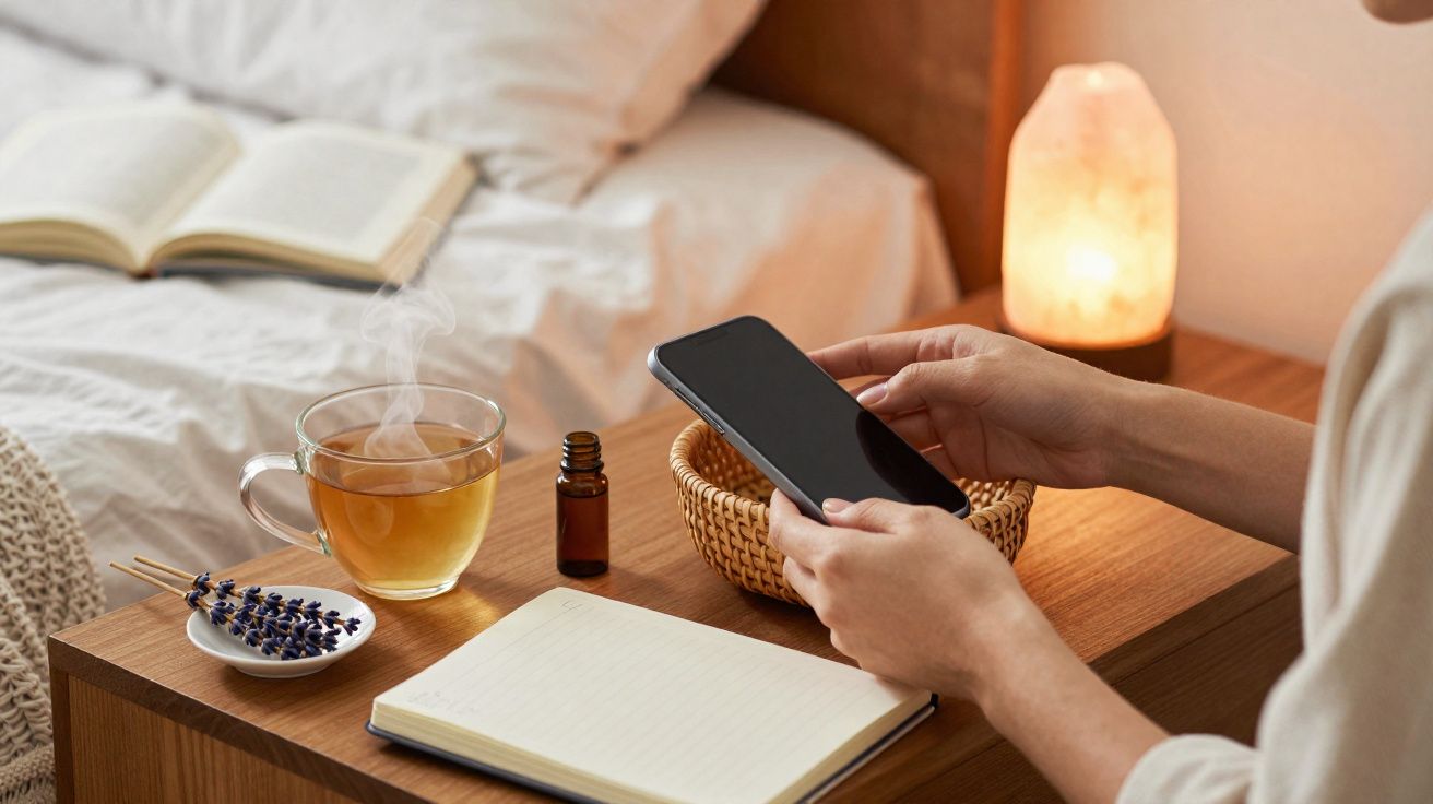 Mãos a segurar telemóvel sobre mesa de cabeceira com chá quente, óleo essencial, flores de lavanda e caderno aberto.