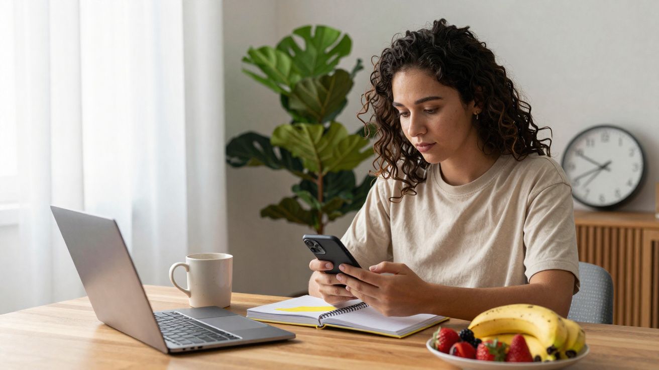 Mulher sentada na mesa, a olhar para o telemóvel com computador, caderno, caneca e taça de fruta à frente.