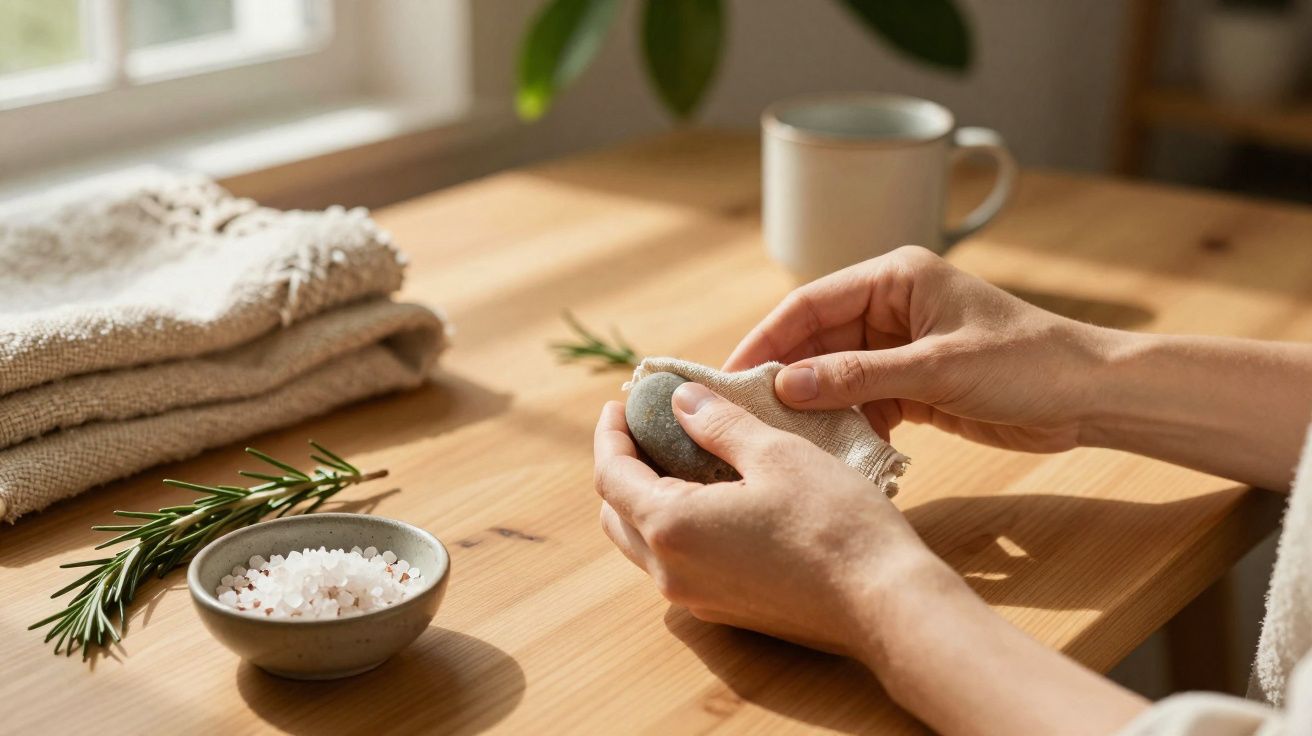 Mãos a envolver uma pedra com tecido para massagem numa mesa de madeira com sal grosso e ramo de alecrim.