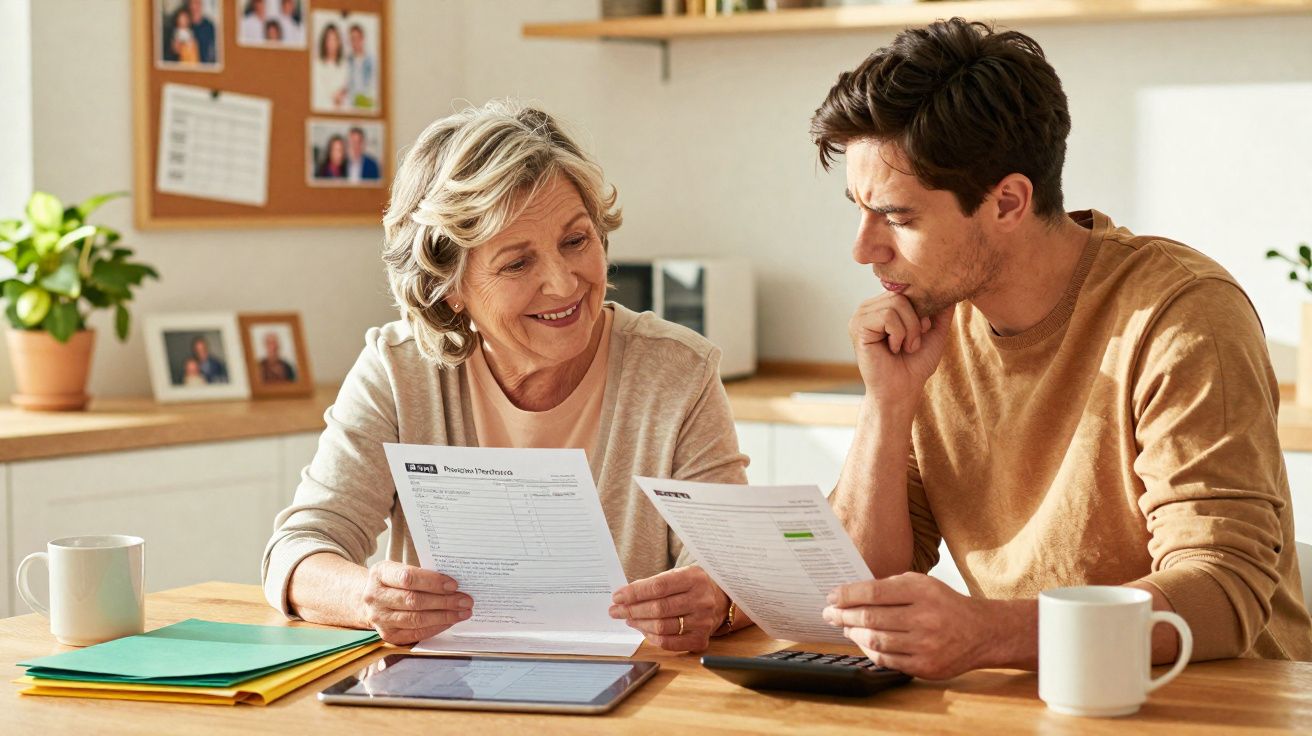 Mulher e homem sentados a analisar documentos numa mesa com pastas, tablet, caneca e calculadora.