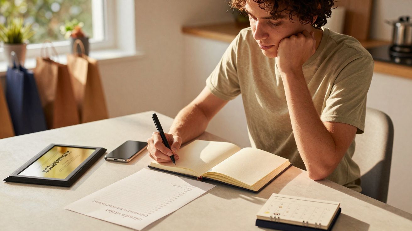 Jovem sentado a escrever num caderno com smartphone, tablet e calendário sobre a mesa iluminada pela luz natural.