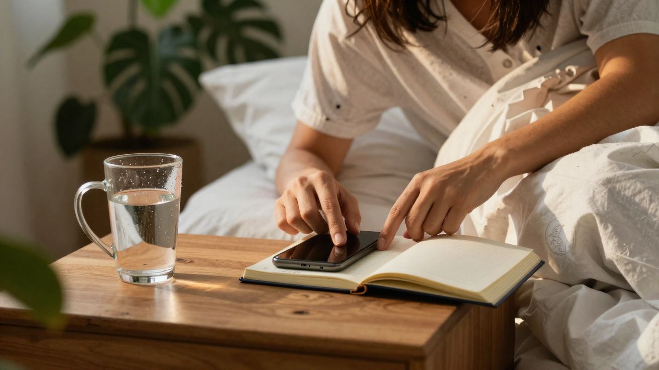 Pessoa na cama a tocar num telemóvel pousado sobre um livro, com copo de água numa mesa de madeira ao lado.