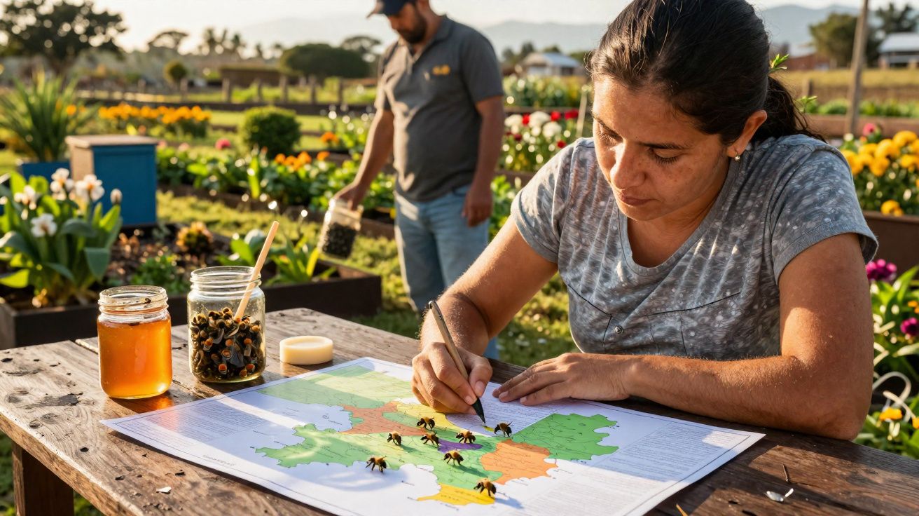 Mulher segura abelhas de plástico sobre mapa colorido em mesa de madeira numa horta ao ar livre.