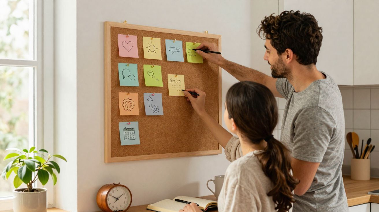Casal a organizar notas coloridas num quadro de cortiça numa cozinha luminosa.