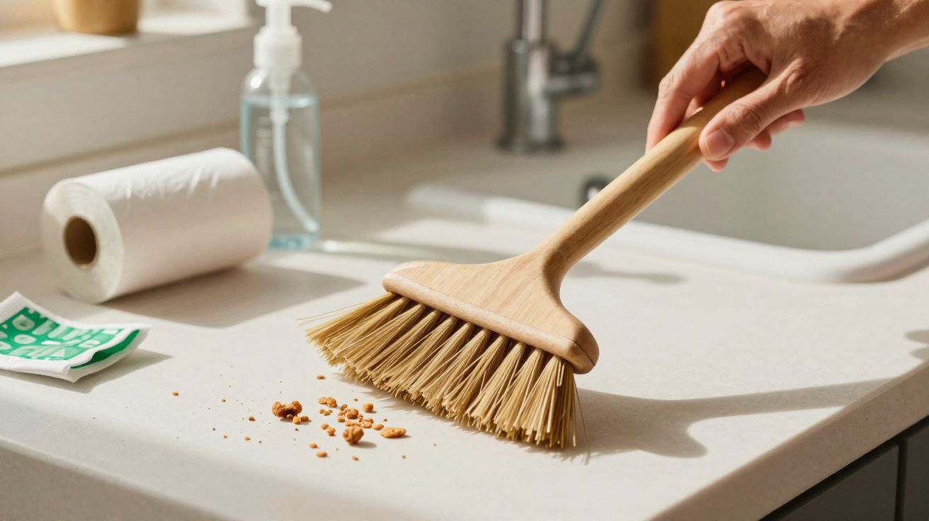 Mão a varrer migalhas numa bancada branca com uma escova de cerdas naturais em cozinha iluminada.