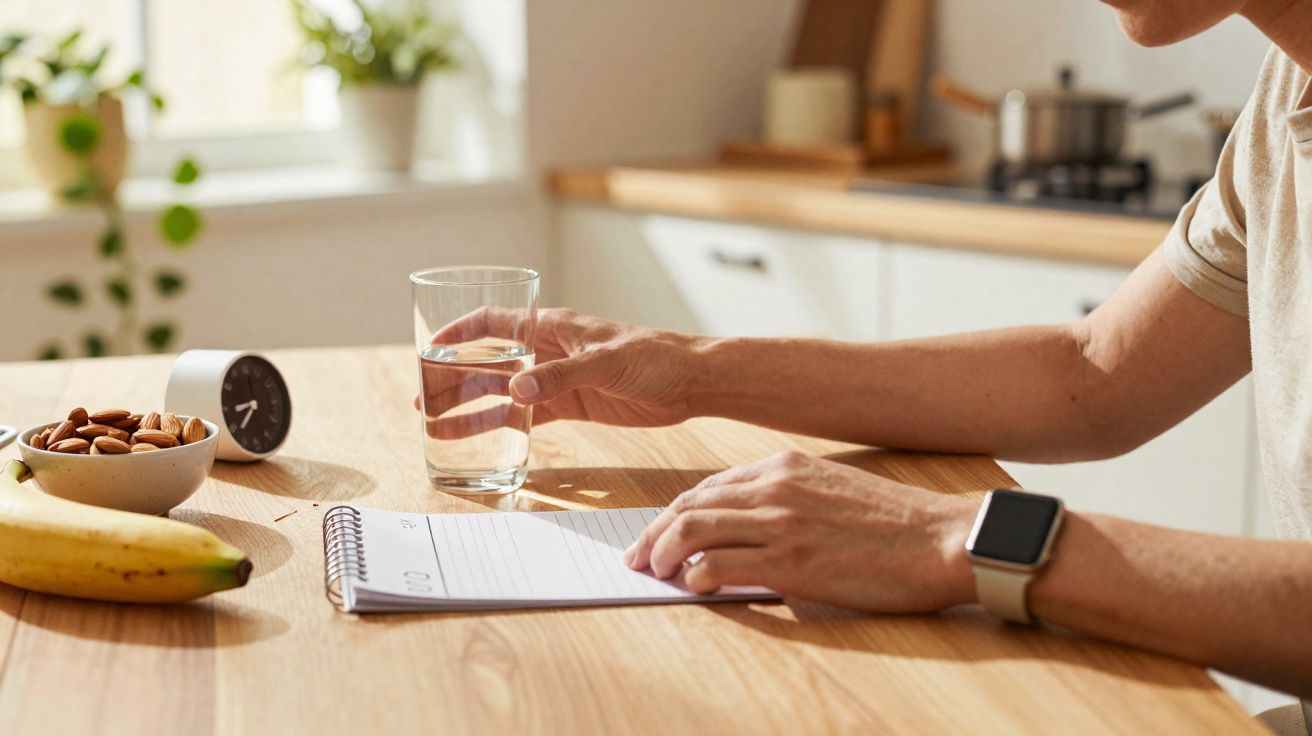 Pessoa a segurar um copo de água, com banana, amêndoas e caderno numa mesa de madeira na cozinha.