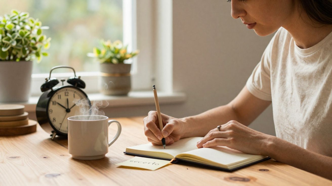 Mulher a escrever num caderno com caneta, chá quente, despertador e plantas numa mesa de madeira.