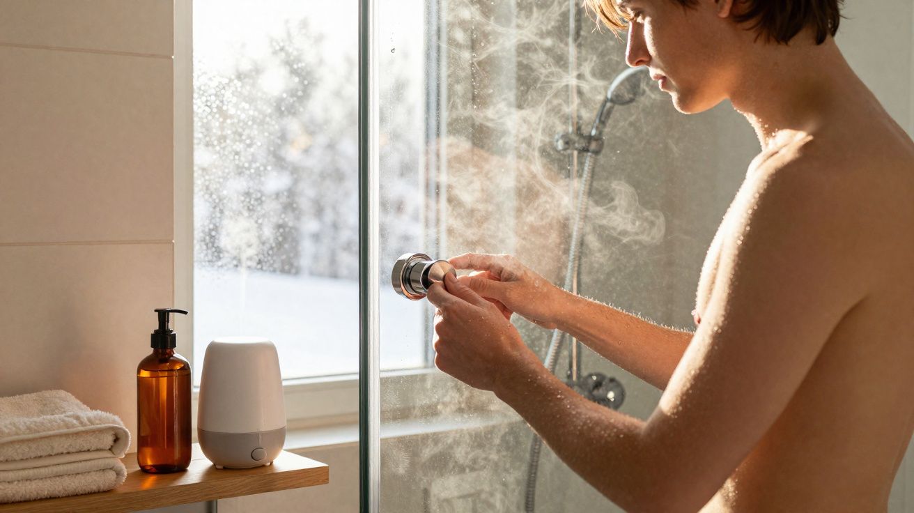 Homem ajusta a temperatura da água quente no chuveiro numa casa de banho com vapor no vidro.