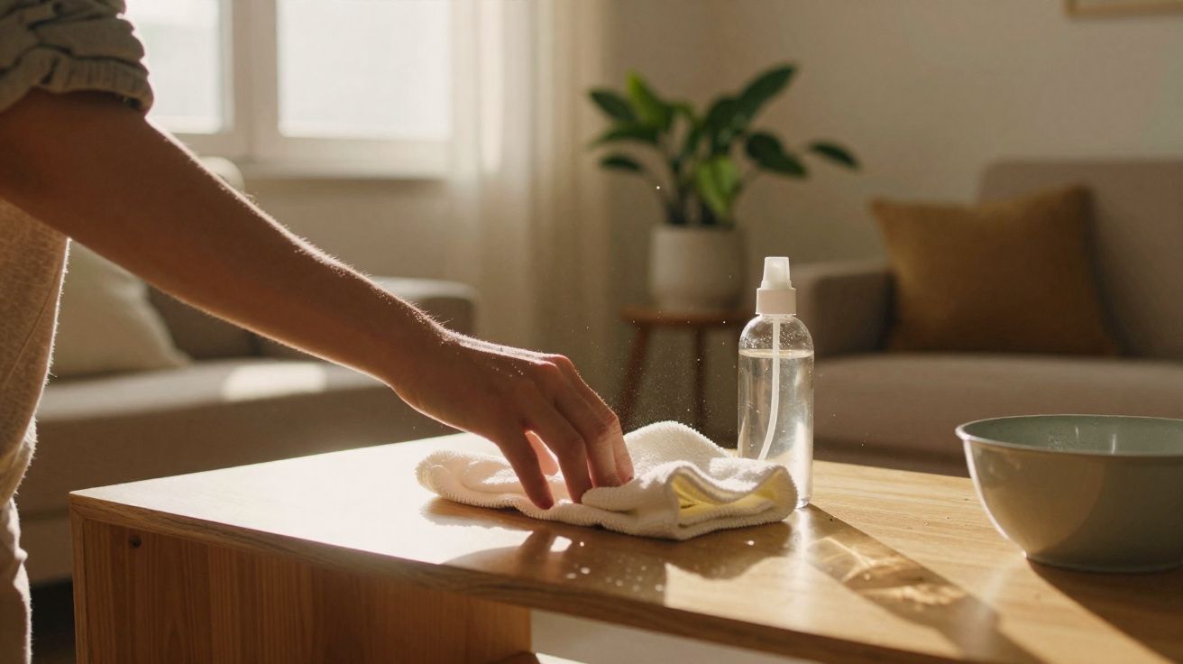 Pessoa a limpar mesa de madeira com pano branco e spray de limpeza em sala de estar iluminada pela luz natural.