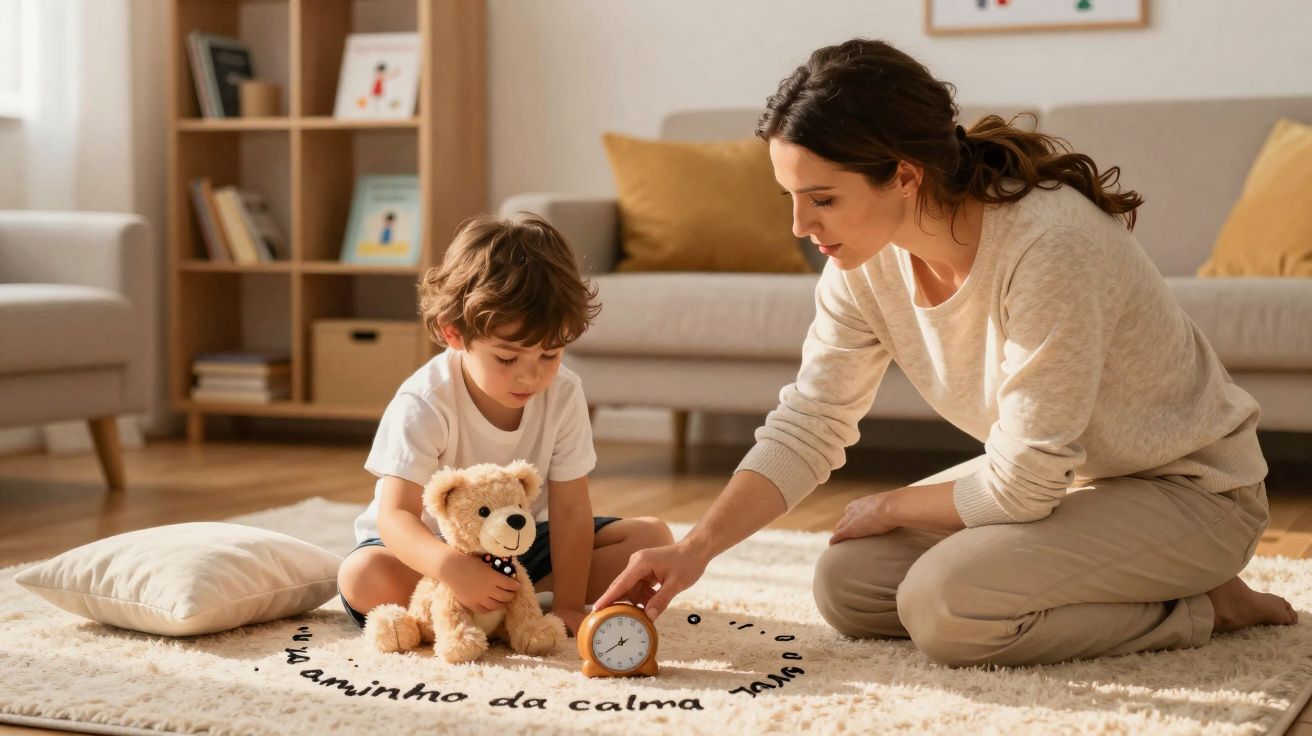 Criança com ursinho de peluche e mulher com relógio num tapete em sala de estar acolhedora.
