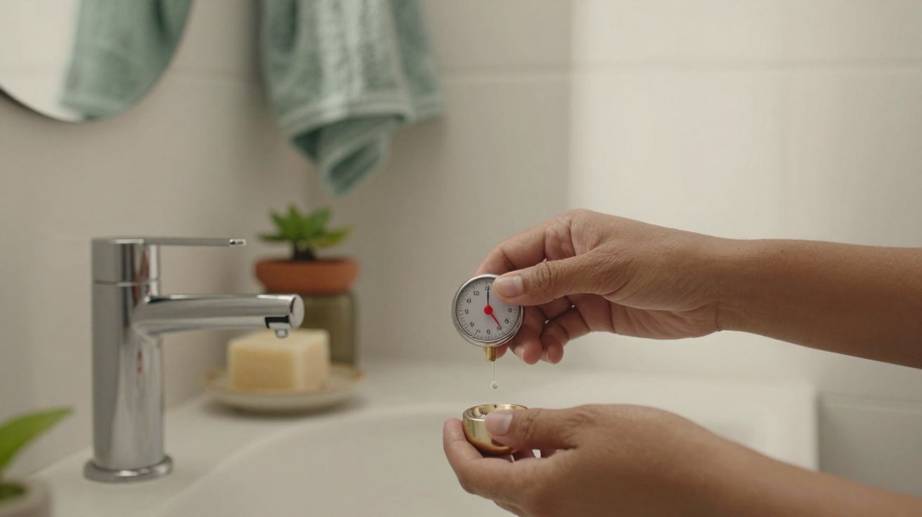 Mãos a medir gotas de óleo com um conta-gotas junto a uma torneira numa casa de banho moderna.