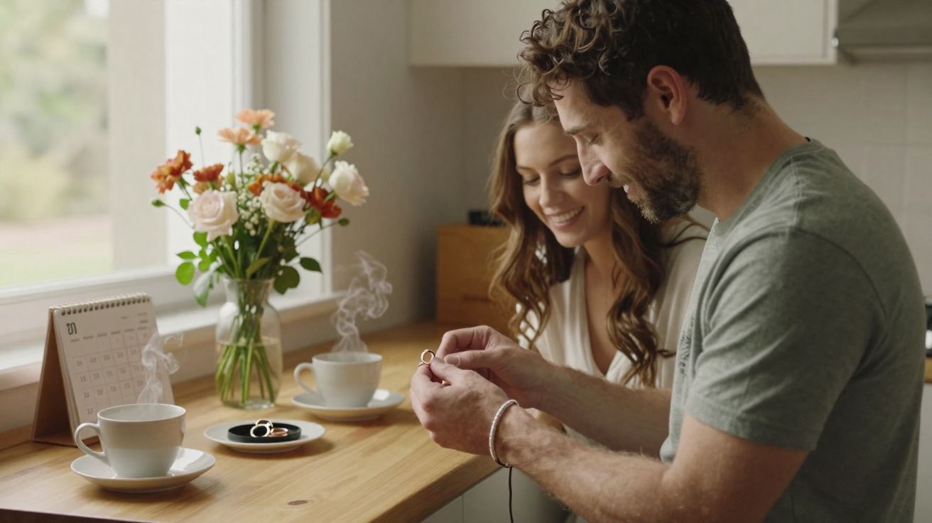 Casal sorridente a segurar alianças numa cozinha com flores e chá quente sobre o balcão.