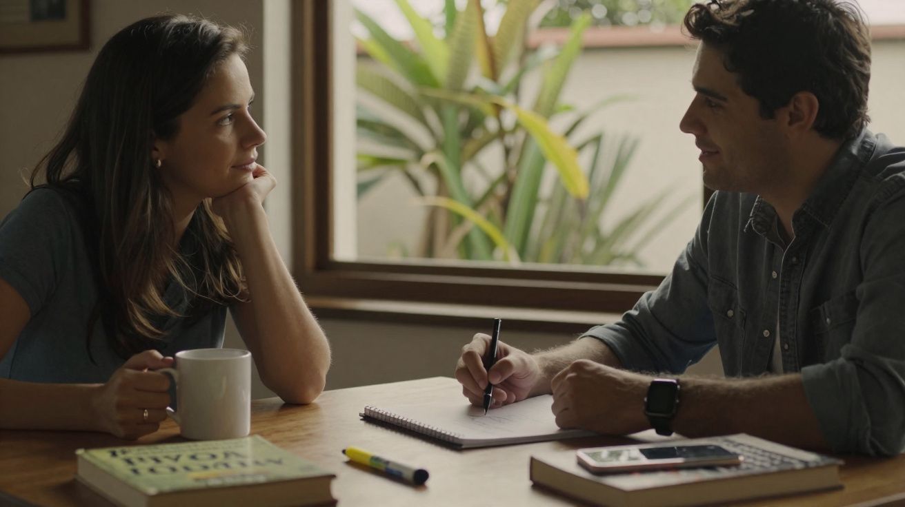 Duas pessoas sentadas à mesa, uma mulher a beber café e um homem a escrever num caderno, conversando.