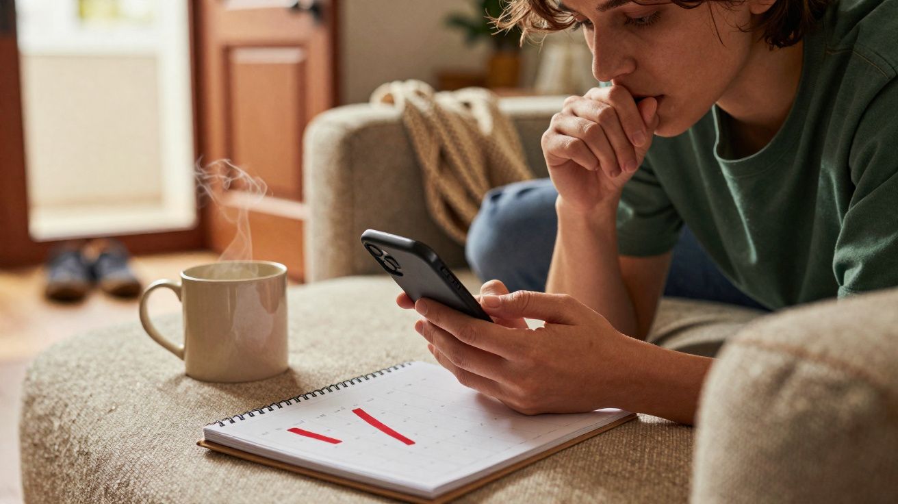 Pessoa pensativa a olhar para o telemóvel, junto a uma agenda e uma chávena de chá quente num sofá.