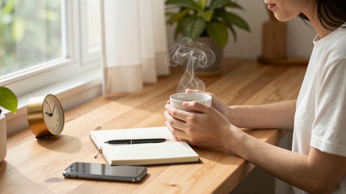 Pessoa a segurar chá quente junto a janela com caderno aberto, caneta, telemóvel e relógio dourado numa secretária.