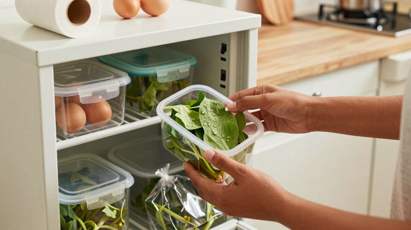 Mãos guardam folhas de espinafre numa caixa de plástico num pequeno frigorífico com ovos e papel de cozinha.