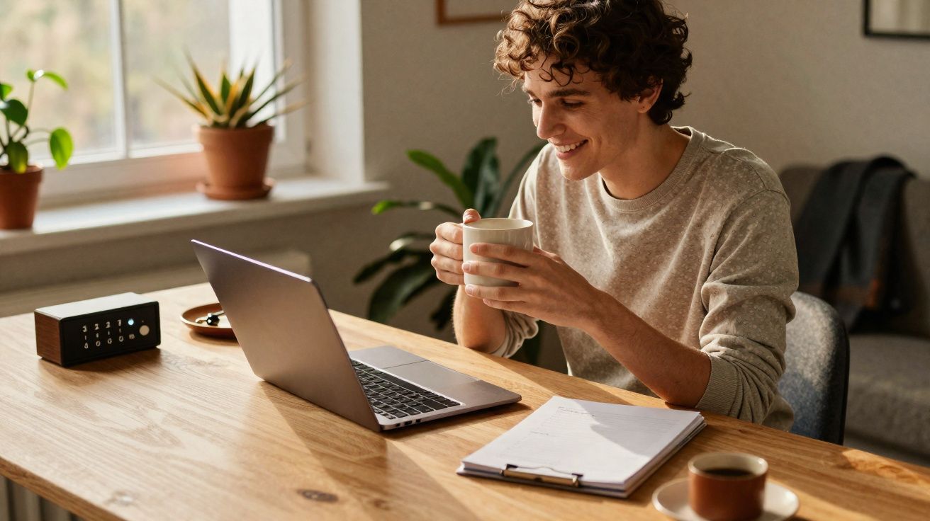 Pessoa sorridente a trabalhar num portátil enquanto bebe de uma caneca num escritório com plantas.