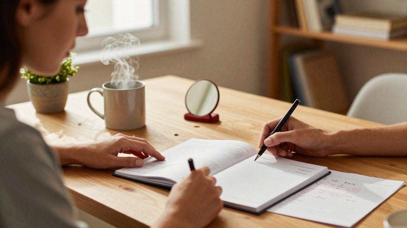 Duas pessoas a escreverem em cadernos numa mesa de madeira com chá a fumegar numa caneca.