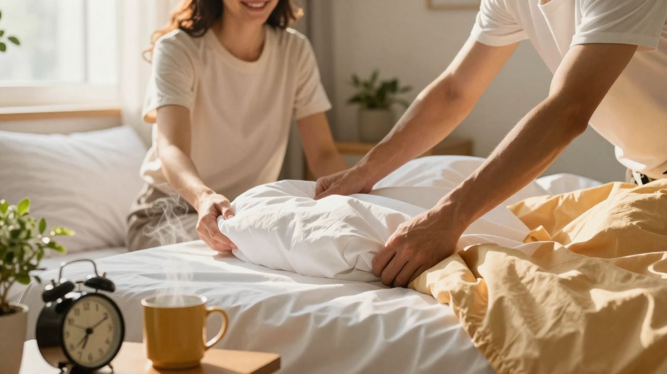 Casal a arrumar a cama com almofadas num quarto iluminado pela luz natural da manhã.