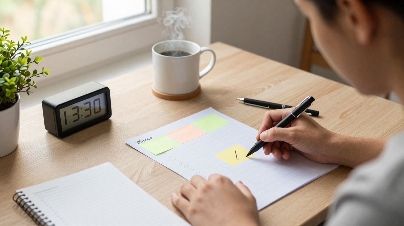 Pessoa a escrever notas coloridas numa folha sobre a mesa com relógio digital e chá quente ao lado.
