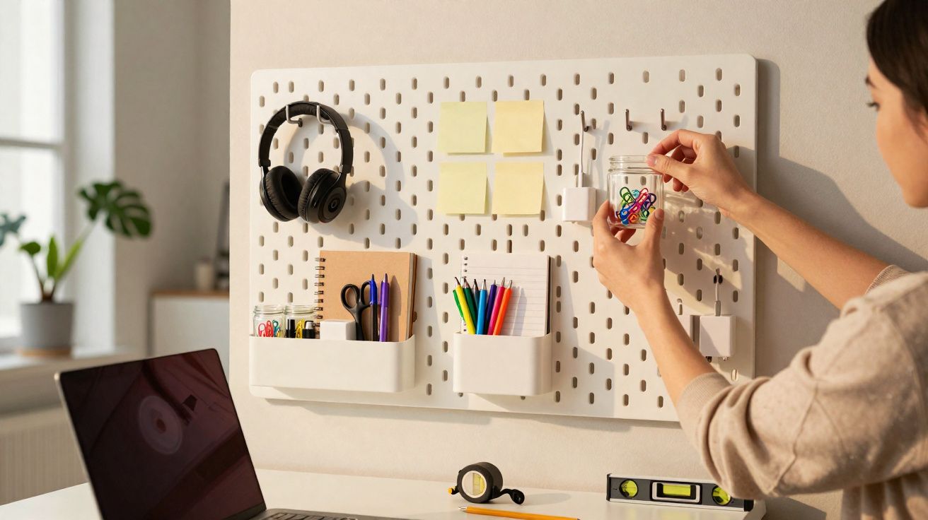 Painel organizador branco com blocos de notas, canetas, lápis de cor e auscultadores numa secretária.