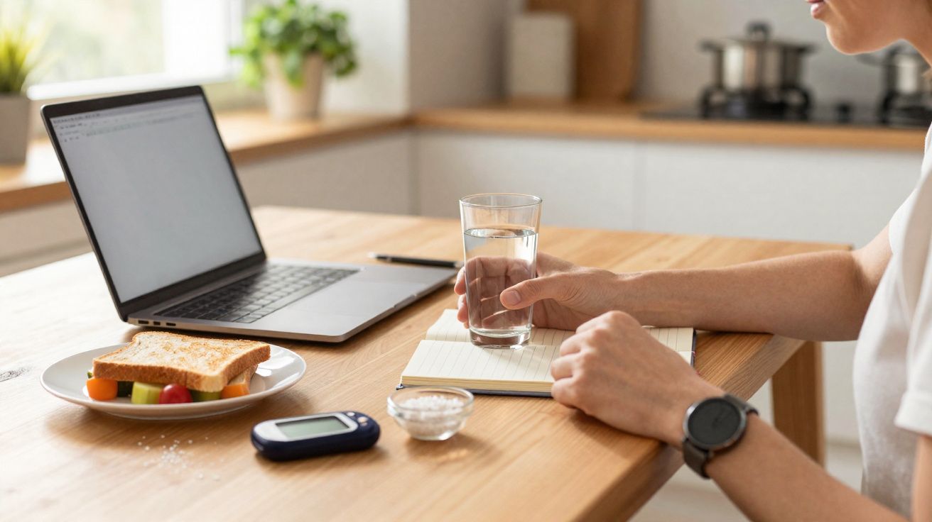 Pessoa sentada numa mesa com computador, alimento, medidor de glicose e copo de água, numa cozinha iluminada.