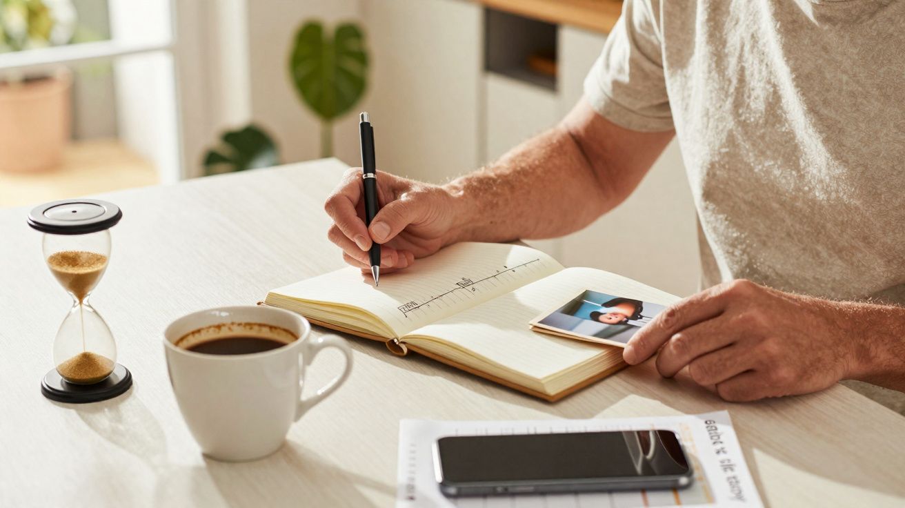 Pessoa a escrever num caderno com uma caneta, segurando uma fotografia, com uma chávena de café, smartphone e ampulheta na me