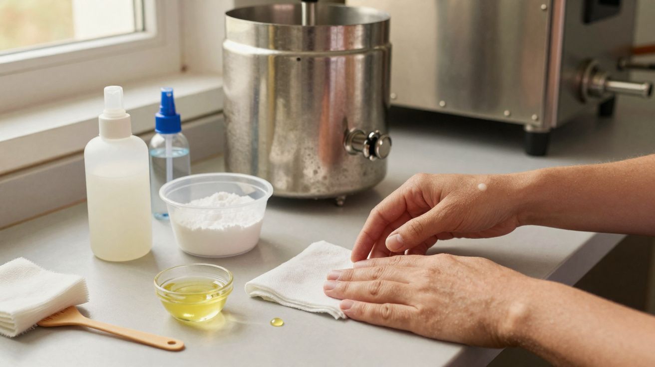 Mãos a preparar produtos caseiros com ingredientes e utensílios numa bancada de cozinha junto à janela.