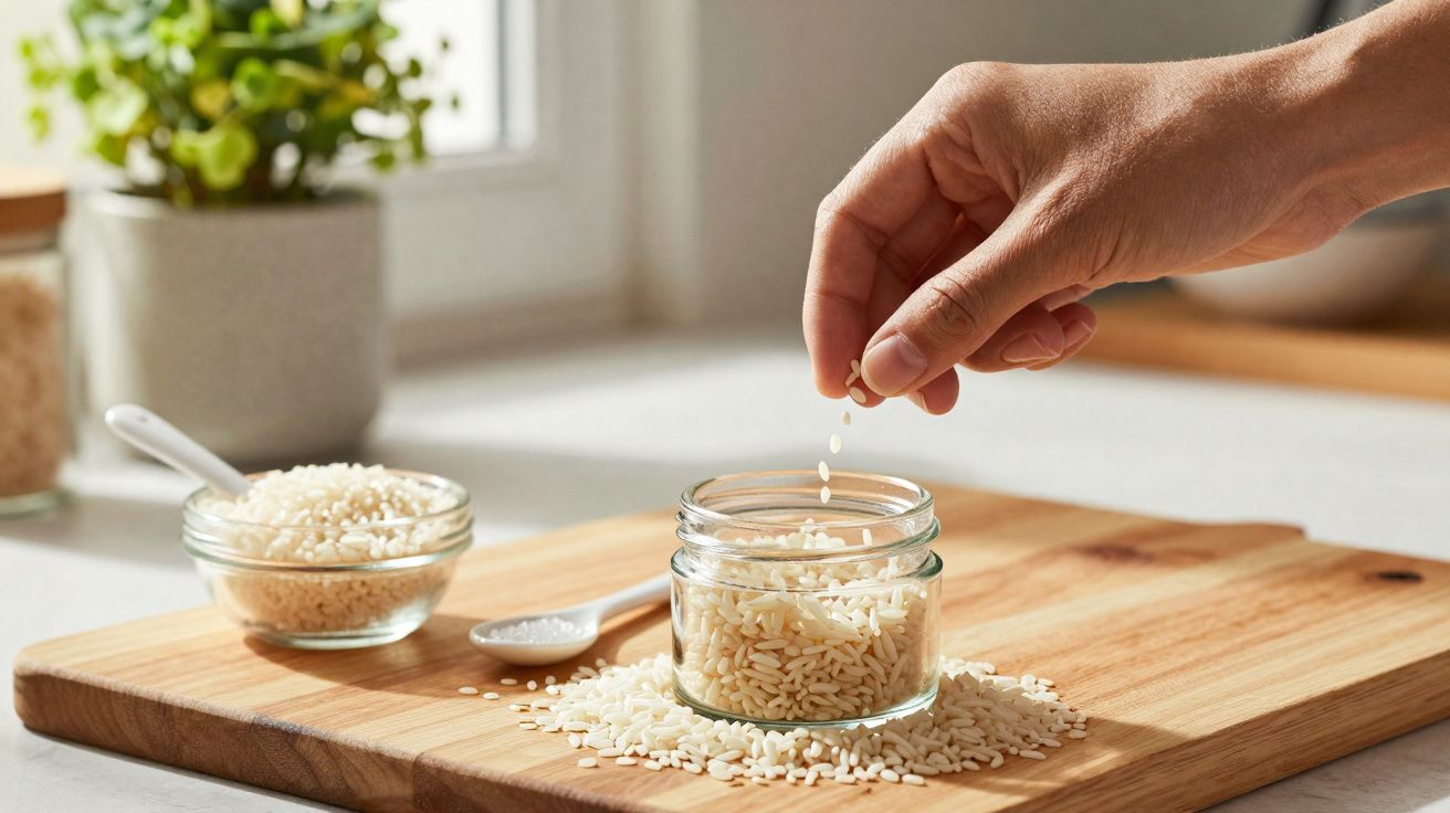 Mão a depositar arroz num frasco de vidro sobre uma tábua de cozinha com arroz derramado à volta.
