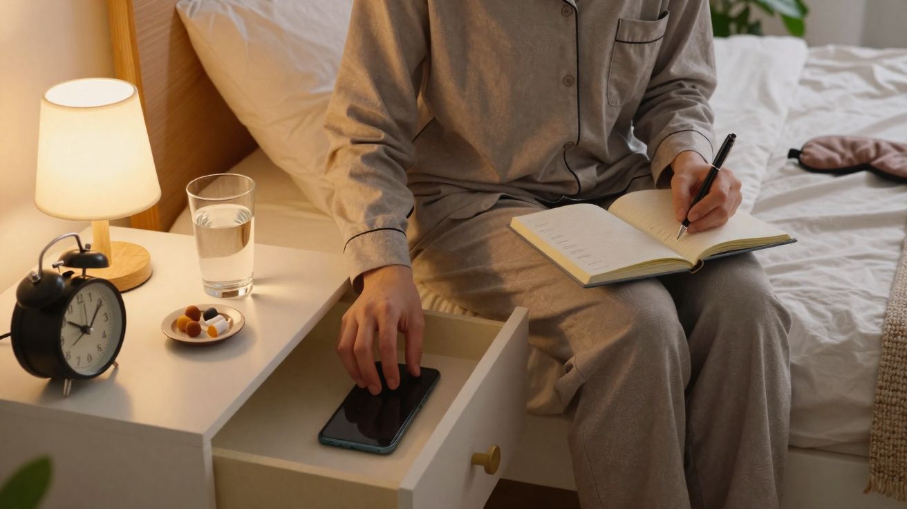 Pessoa de pijama a sentar-se na cama a escrever num caderno, com telefone na mesa de cabeceira e luz de candeeiro acesa.