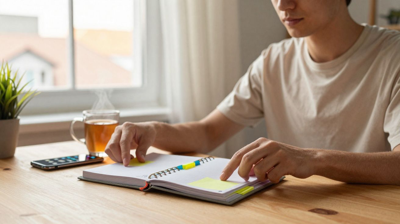 Pessoa a folhear notas num caderno aberto numa mesa com chá, telemóvel e planta junto a uma janela.