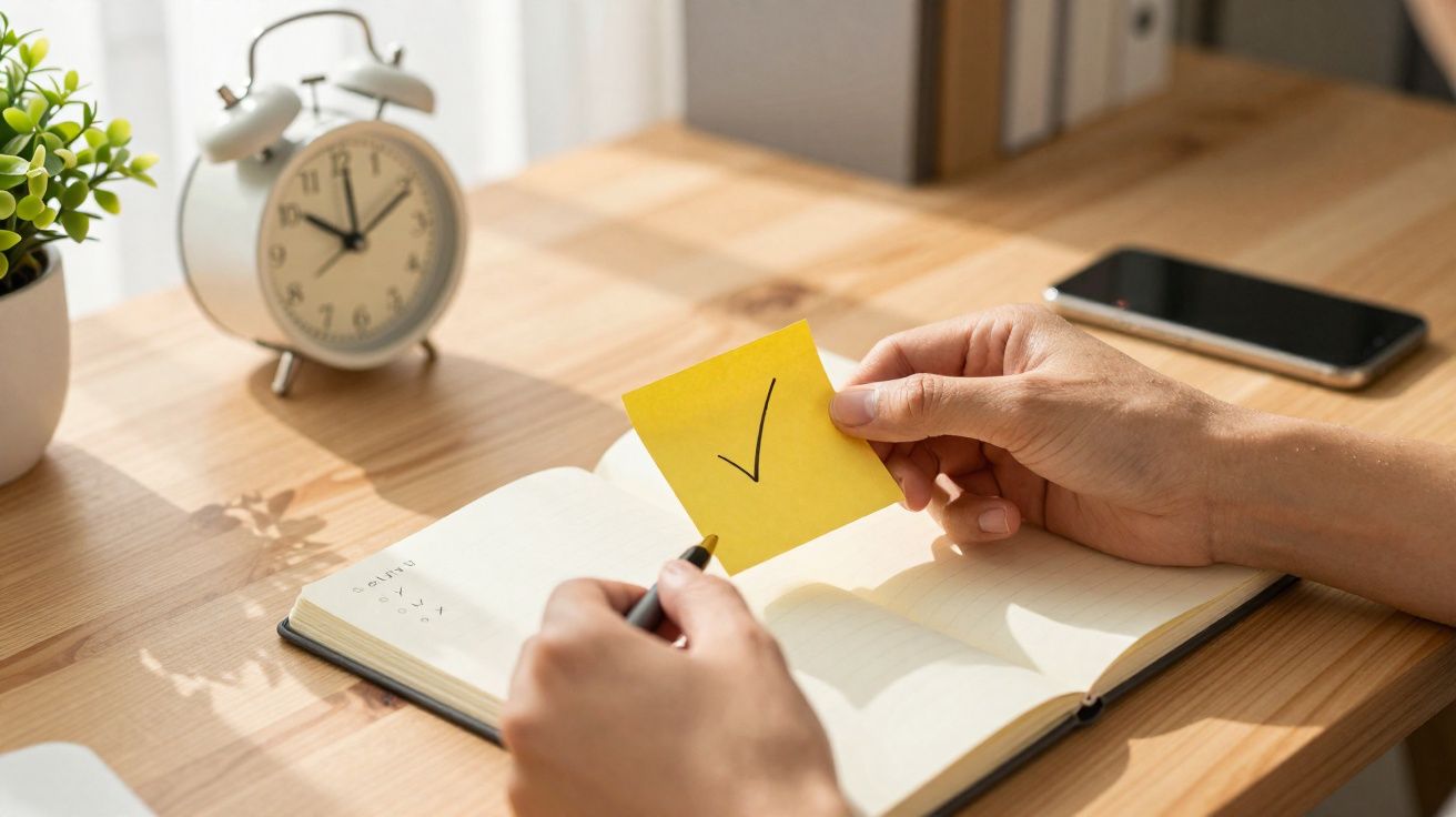 Mãos segurando um post-it com visto num caderno aberto sobre mesa de madeira com relógio e planta.