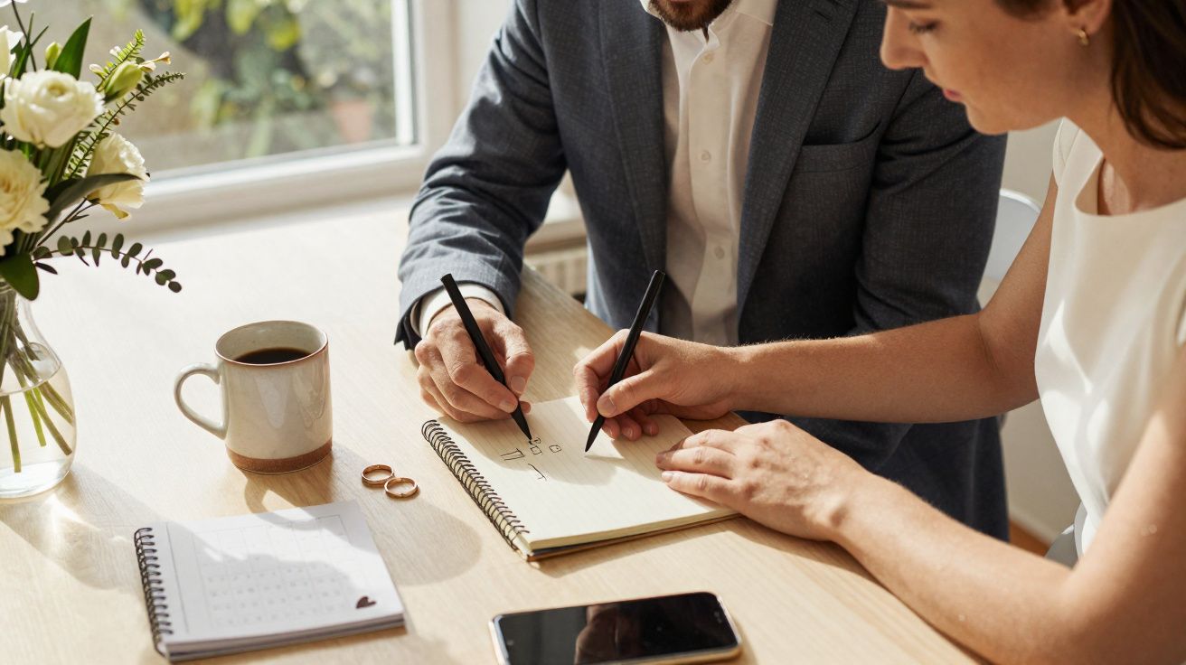 Casal sentado junto à mesa, escrevendo num caderno, com alianças e flores ao lado.