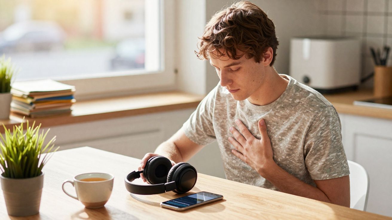 Jovem sentado a uma mesa com auscultadores na mão, olhando para um telemóvel, com a outra mão no peito.