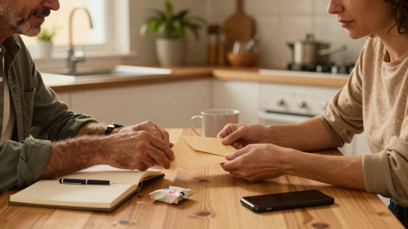 Duas pessoas trocam um envelope sentadas à mesa de uma cozinha com caderno, telemóvel e caneca.