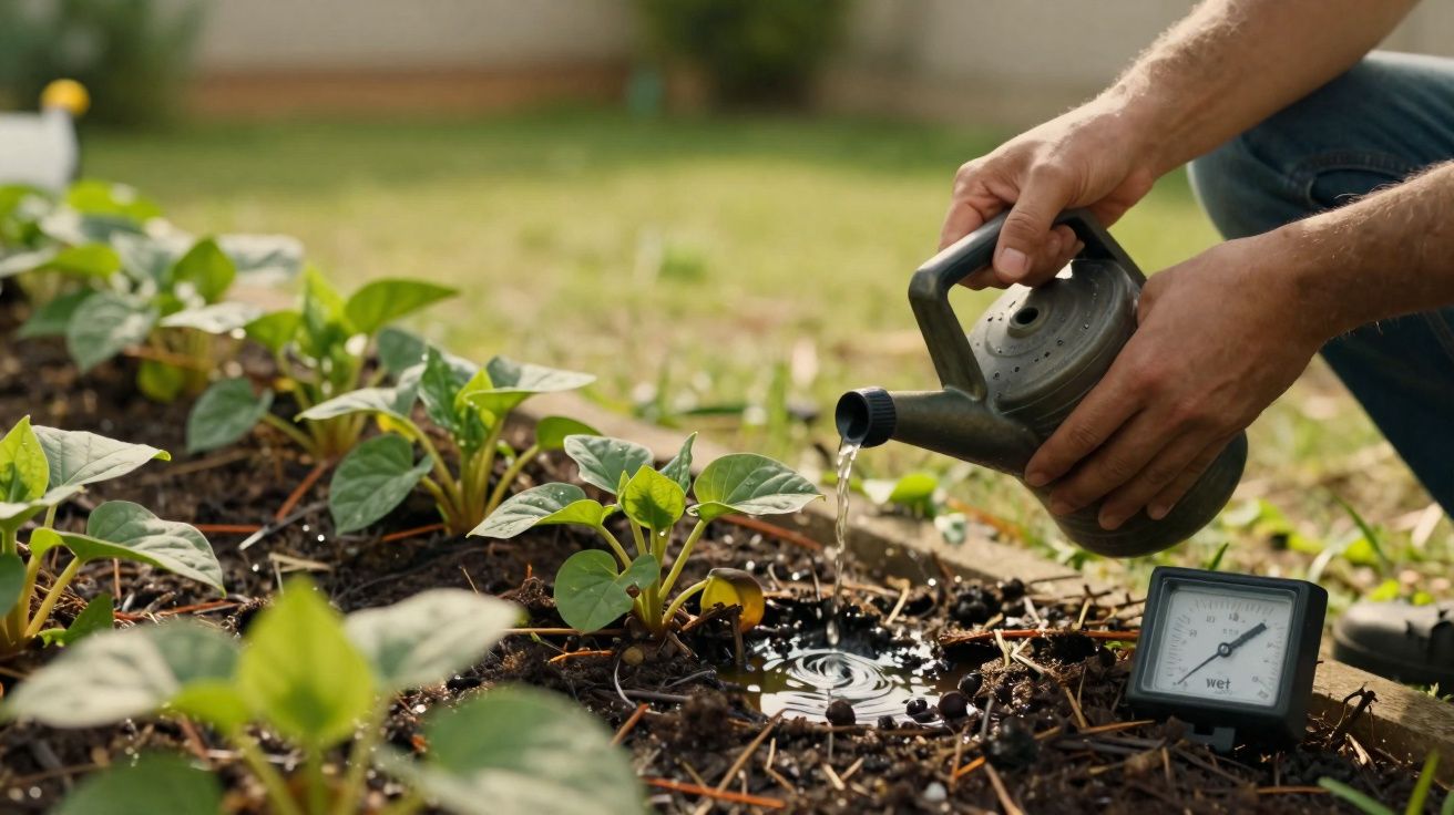 Mãos a regar plantas num pequeno jardim com regador metálico e medidor de humidade no solo.