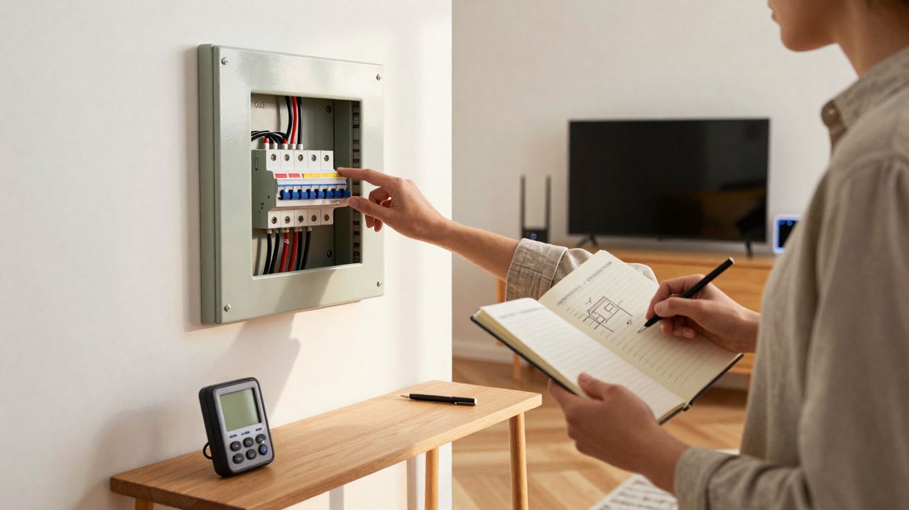 Pessoa a inspecionar o quadro elétrico e a fazer anotações num caderno numa sala de estar.