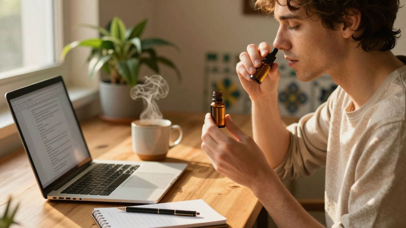 Pessoa sentada numa mesa a cheirar óleo essencial junto a computador portátil e chá fumegante.
