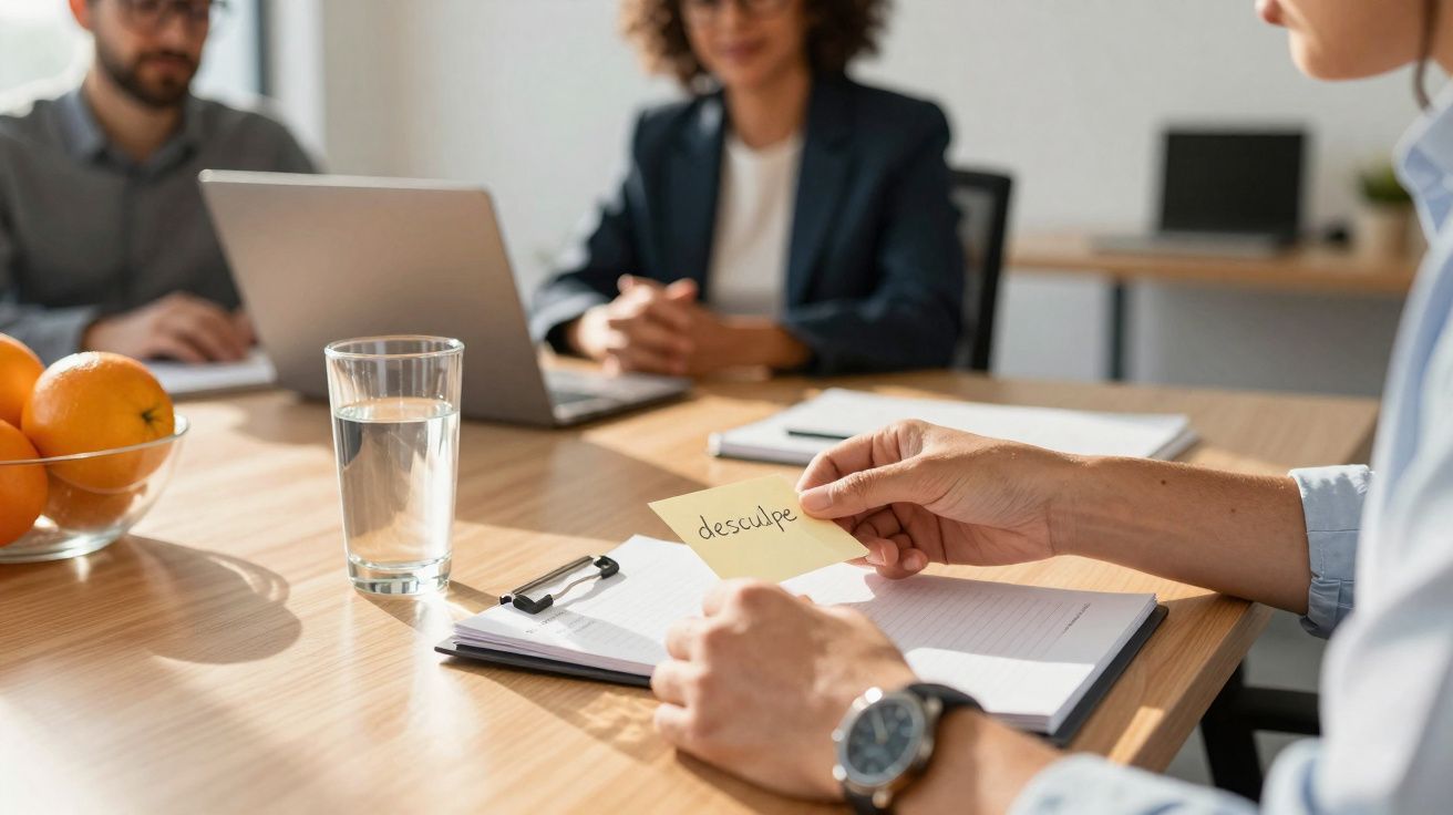 Pessoa numa reunião de negócios a segurar um papel com a palavra "desculpe" escrita.