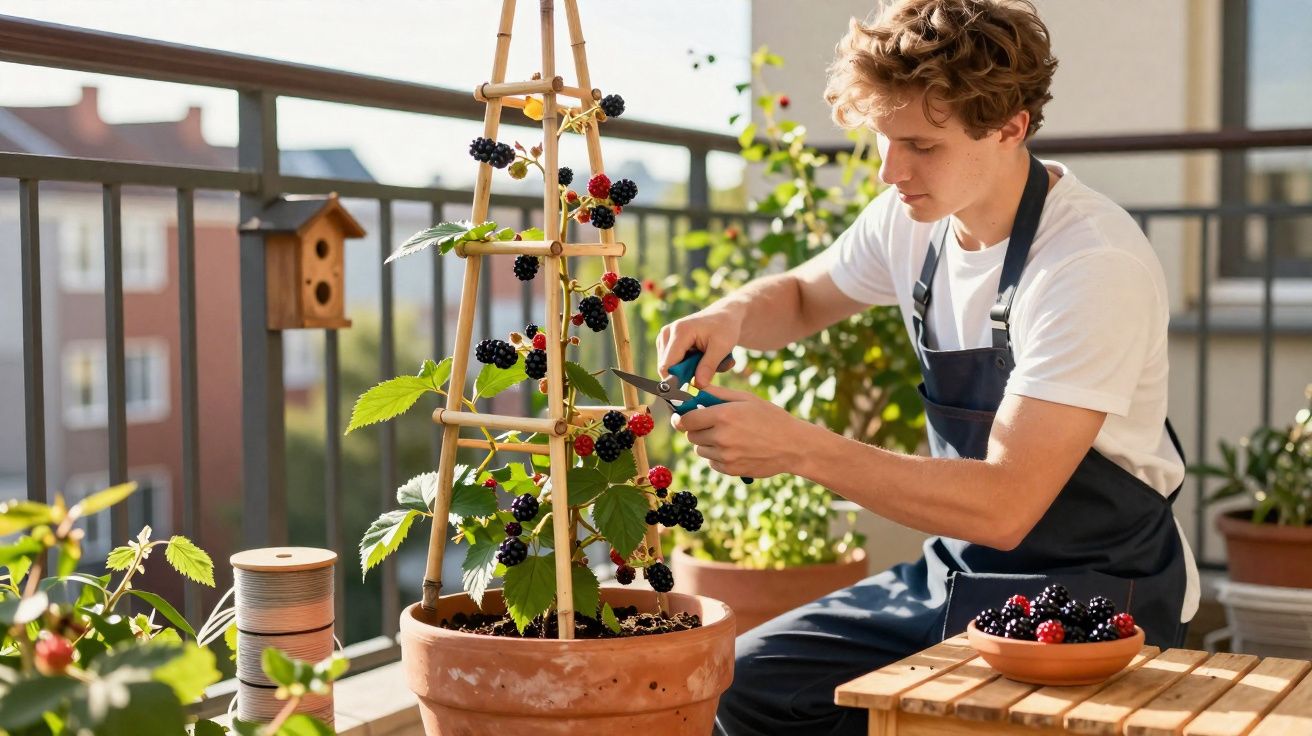 Jovem a colher amoras numa varanda com várias plantas em vasos sob luz natural.
