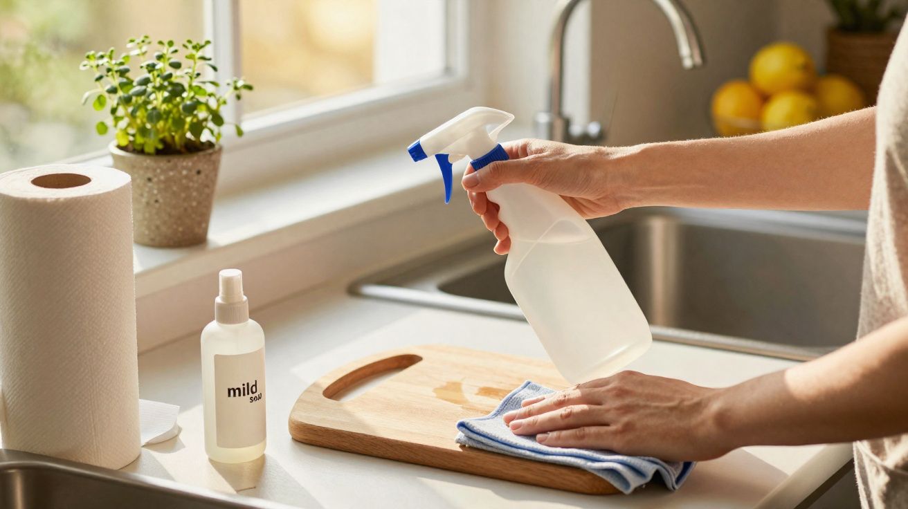 Pessoa a limpar uma tábua de cortar na cozinha com spray e pano azul junto a uma pia e planta.