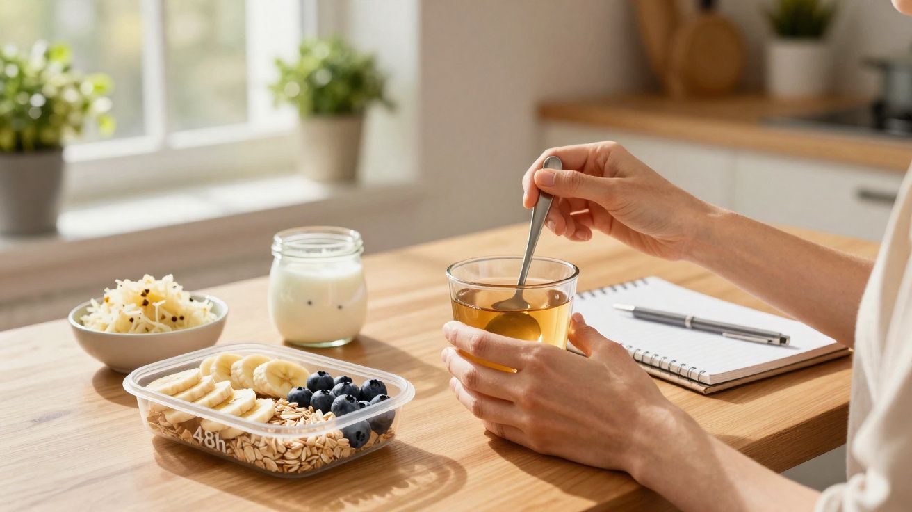 Pessoa mexe chá com colher ao lado de iogurte, frutas e caderno numa mesa de madeira iluminada.