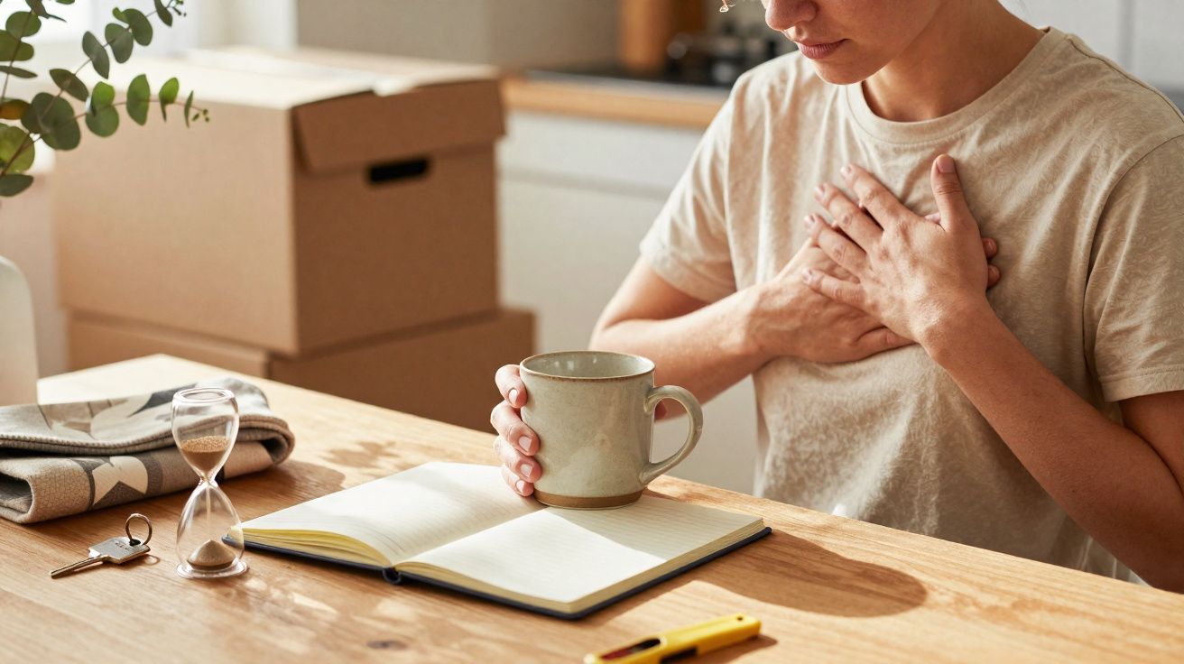 Pessoa com mão no peito e caneca, sentada à mesa com caderno, ampulheta e chave em cima.