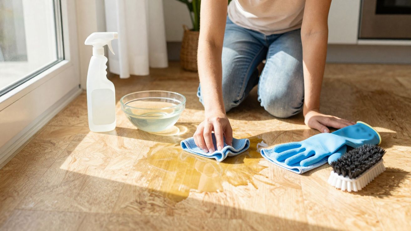 Pessoa a limpar chão de madeira com pano azul e produto de limpeza em frasco pulverizador branco.